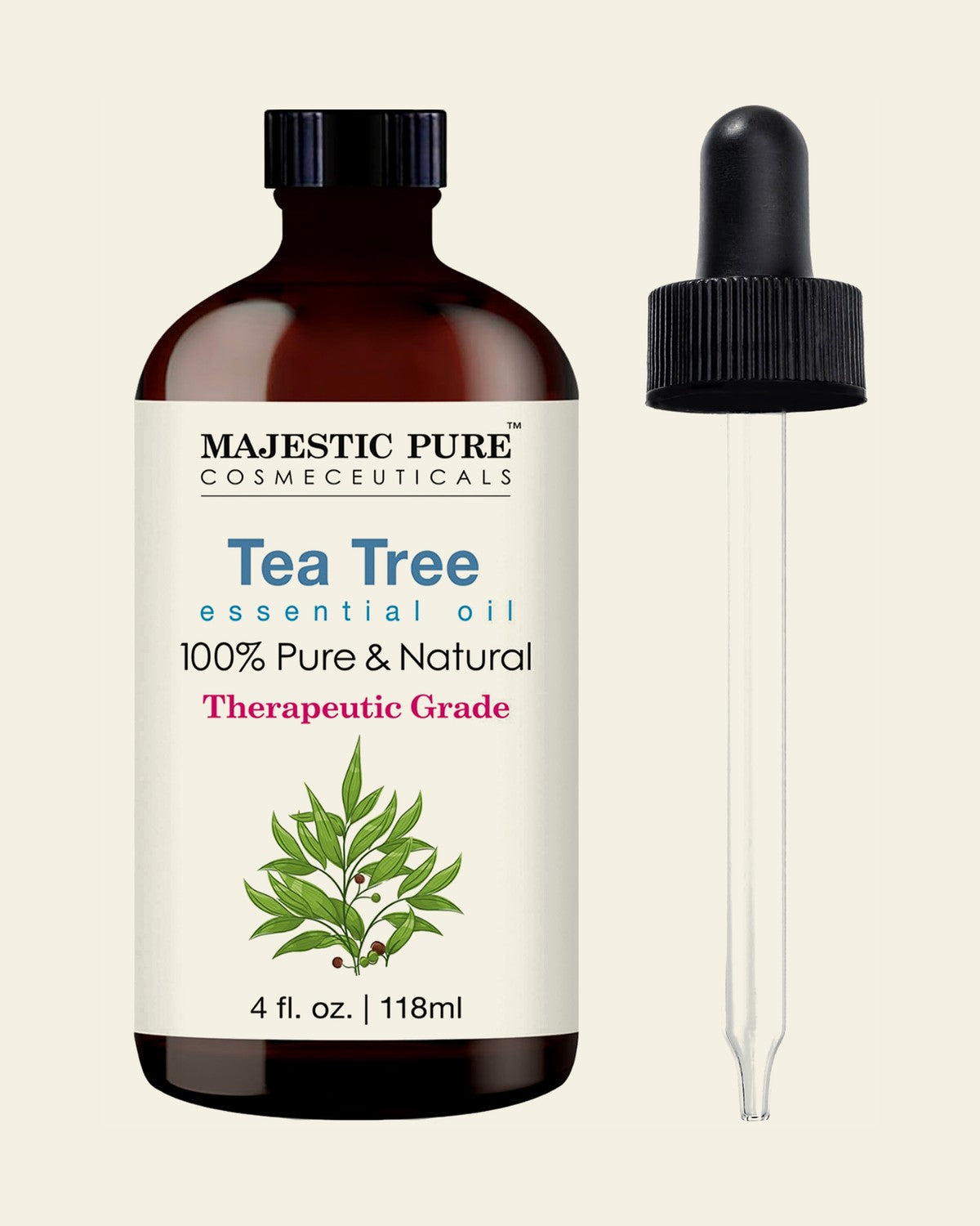 Pure tea tree oil — 4 fl oz amber glass bottle with dropper